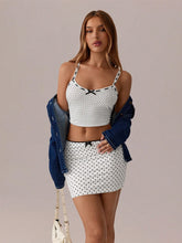 SXY Polka Dot Print Contrast Lace Bow Decor Low Waist Skirt